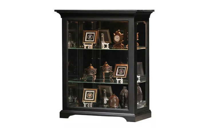 92028  LIGHTED SIDE-ENTRY CONSOLE CURIO, 2 MAGNETIC TOUCH-LATCH GLASS DOORS, 2 ADJUSTABLE GLASS SHELVES, MIRROR BACK, MIRROR BOTTOM, DECORATIVE MOLDING, PLAIN BASE*GLASS*PL*FINSISH*BK, SW, WH