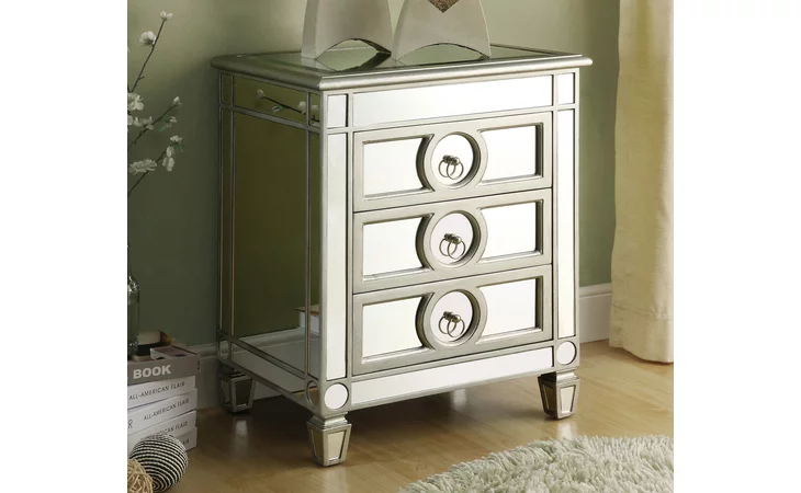 I3701  ACCENT TABLE - 27 H - BRUSHED SILVER - MIRROR - 3 DRAWERS