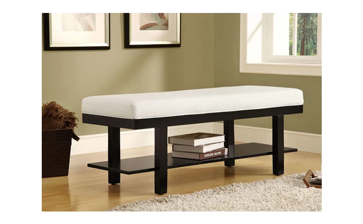 I4526  BENCH - 48L BLACK SOLID WOOD WHITE LEATHER-LOOK