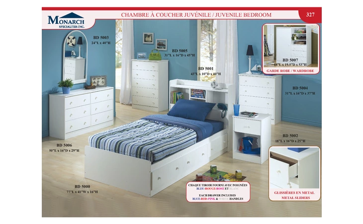 BD5000  WHITE MATES BED - WHITE BLUE RED PINK HANDLES INCL. 
 PG327