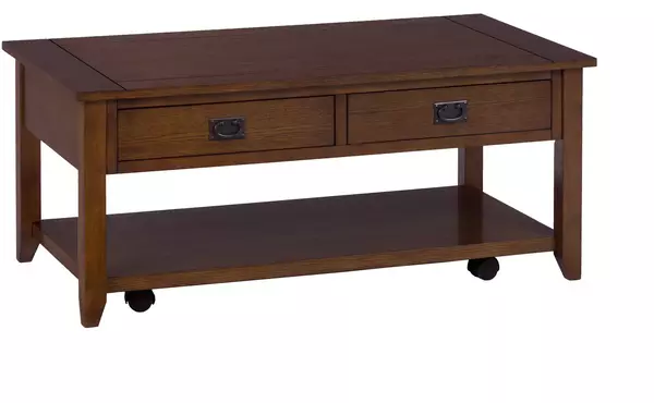 1030/1/2/7 occ  cocktail table w/2 pull-thru drawers, shelf -  castered mission finish by jofran