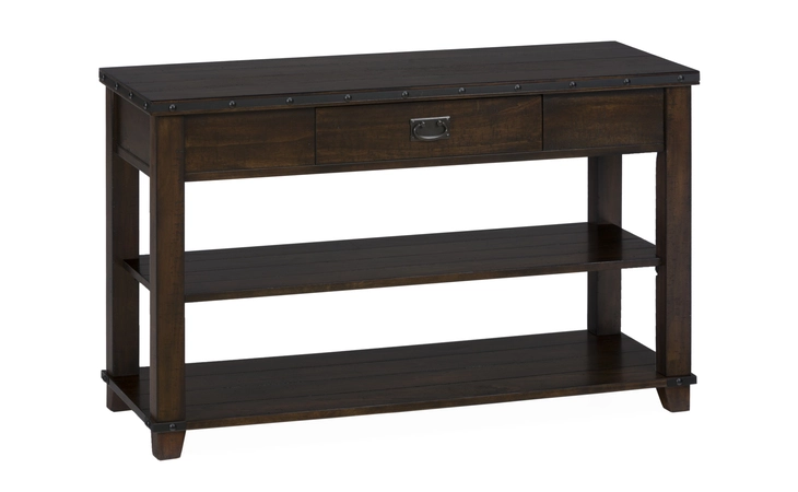 561-4 CASSIDY BROWN FINISH PLANK TOP SOFA TABLE W DRAWER, 2 SHELVES