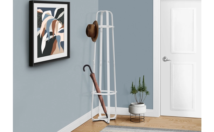 I2053  COAT RACK - 72 H - WHITE METAL WITH AN UMBRELLA HOLDER