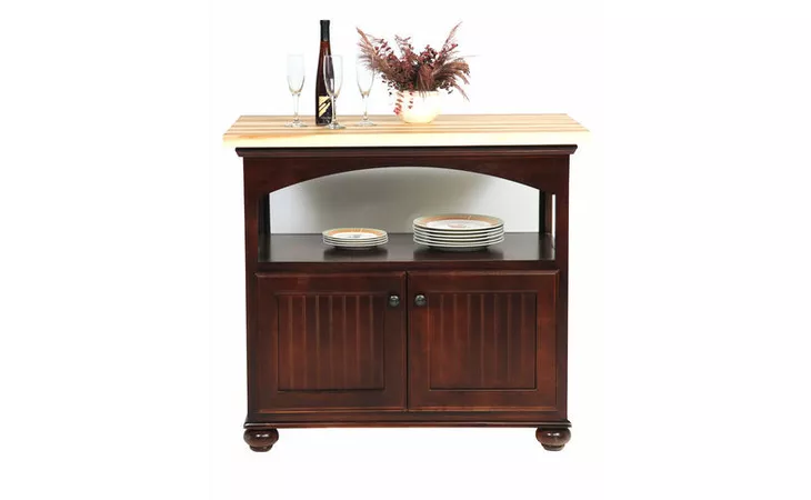 15247  KITCHEN ISLAND WITH BUTCHER BLOCK TOP, 4 BEAD BOARD DOORS, DECORATIVE MOLDING, BEAD BOARD DETAILING, BUN FOOT BASE (MINERAL OIL ON TOP)*GLASS*NG*FINSISH*BK, CC, CO, CM, CR, EC, GO, HG, IV, SW, UN, WH