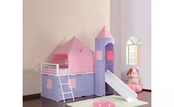 460279  PRINCESS CASTLE TWIN TENT LOFT BED PINK AND PERWINKLE