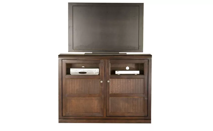 75552  TALL 55 ENTERTAINMENT CONSOLE, 2 BEAD BOARD DOORS WITH GLASS IN TOP PANELS, 2 FIXED WOOD SHELVES, 4 ADJUSTABLE WOOD SHELVES, PLAIN BASE*GLASS*PL*FINSISH*CC, CM, CO, CR, EC, GO, HG, IV, UN
