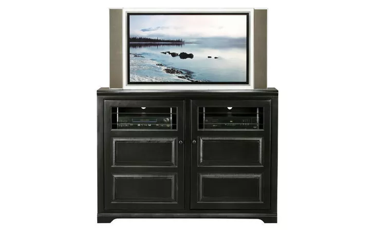 92552  TALL 55 ENTERTAINMENT CONSOLE, 2 RAISED PANEL DOORS WITH GLASS IN TOP PANELS, 2 FIXED WOOD SHELVES, 4 ADJUSTABLE WOOD SHELVES, DECORATIVE MOLDING, PLAIN BASE*GLASS*VG*FINSISH*BK, SW, WH