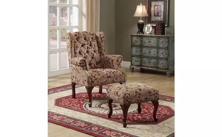3932B  TUFTED BACK ACCENT CHAIR AND OTTOMAN LIGHT BROWN AND BURGUNDY