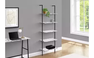 BOOKCASE - 72 H LADDER WHITE MARBLE - BLACK METAL I3685 I3685 MONARCH SPECIALTIES