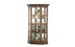 TALL LIGHTED ANGLED CURIO, 4 PLAIN GLASS SIDE ENTRY DOORS, MIRROR BACK, GLASS SHELVES, PLAIN BASE*GLASS*PL*FINSISH*CC, DK, LT, MD, SO, UN, CR, CM  49321 EAGLE