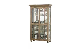 TALL LIGHTED ANGLED CURIO, 4 PLAIN GLASS SIDE ENTRY DOORS, MIRROR BACK, GLASS SHELVES, PLAIN BASE*GLASS*PL*FINSISH*CC, DK, LT, MD, SO, UN, CR, CM  49322 EAGLE