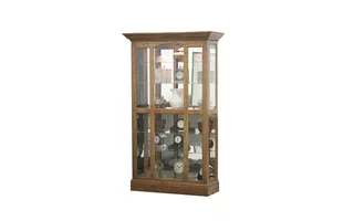 TALL LIGHTED CURIO, 4 PLAIN GLASS SIDE ENTRY DOORS, MIRROR BACK, GLASS SHELVES, PLAIN BASE*GLASS*PL*FINSISH*CC, DK, LT, MD, SO, UN, CR, CM  49323 EAGLE