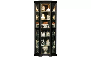 TALL LIGHTED CORNER CURIO, (CORNER OUT 21 1 2), 2 MAGNETIC TOUCH-LATCH DOORS, 5 ADJUSTABLE GLASS SHELVES, MIRROR BACK, MIRROR BOTTOM, DECORATIVE MOLDING, PLAIN BASE*GLASS*PL*FINSISH*BK, SW, WH 92718 92718 EAGLE