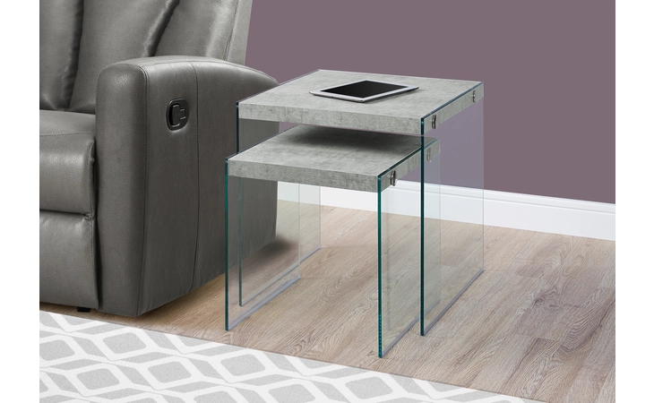 I3231  NESTING TABLE - 2PCS SET / GREY CEMENT / TEMPERED GLASS