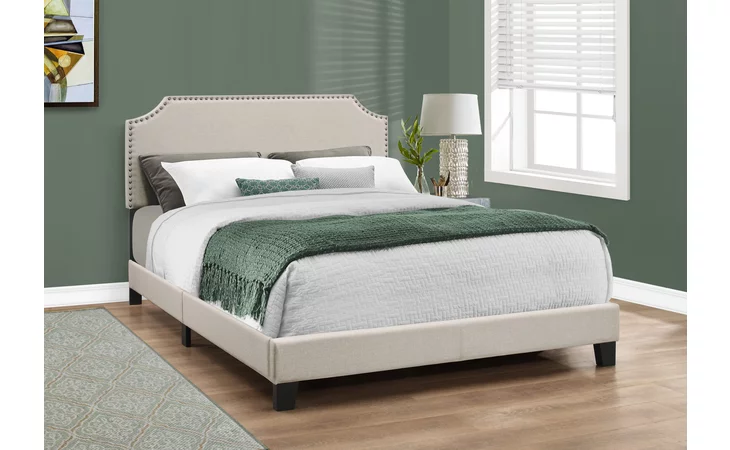 I5926Q BED - QUEEN SIZE / BEIGE LINEN WITH ANTIQUE BRASS TRIM MONARCH SPECIALTIES  I5926Q