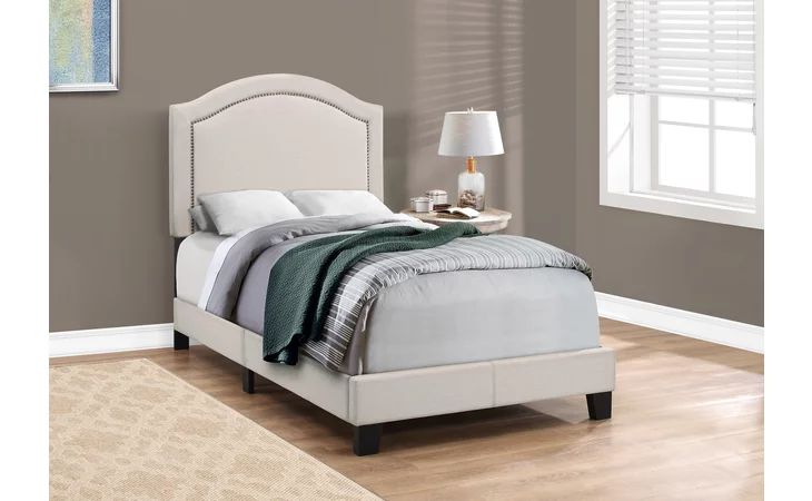 I5937T  BED - TWIN SIZE - BEIGE LINEN WITH ANTIQUE BRASS TRIM