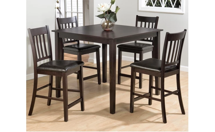 892 MARIN COUNTY MERLOT FINISH 5 PACK - TABLE AND 4 SLAT BACK STOOLS W/ FAUX LEATHER SEAT PACKED IN ONE CARTON. STOOLS MEASURE 18X21X40. MARIN COUNTY MERLOT FINISH