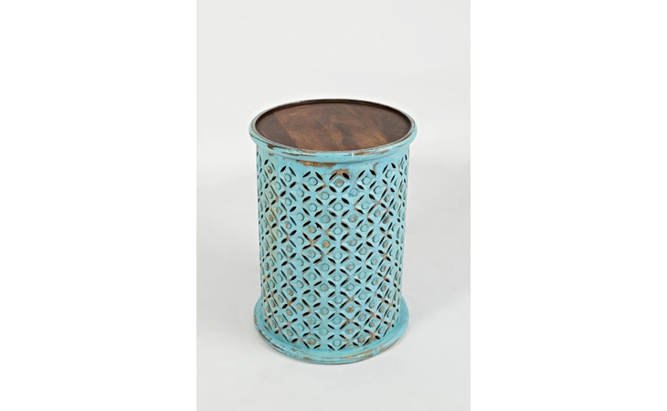 1730-17TRQ DARK RUSTIC PRAIRIE FINISH DECKER LARGE DRUM ACCENT TABLE- TURQUOISE DARK RUSTIC PRAIRIE FINISH