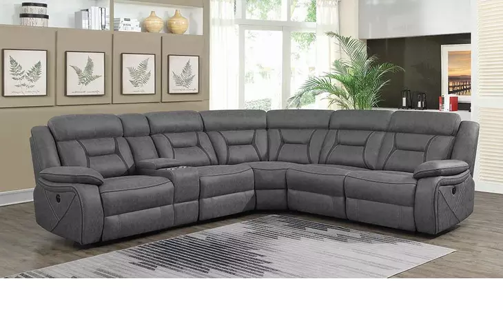 600370  HIGGINS FOUR-PIECE UPHOLSTERED POWER SECTIONAL GREY