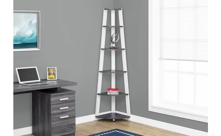 BOOKCASE - 72 H - GREY-WHITE CORNER ACCENT ETAGERE MONARCH SPECIALTIES I2751  I2751
