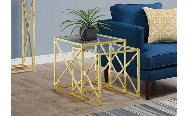 I3445 NESTING TABLE - 2PCS SET / GOLD METAL WITH TEMPERED GLASS MONARCH SPECIALTIES  I3445
