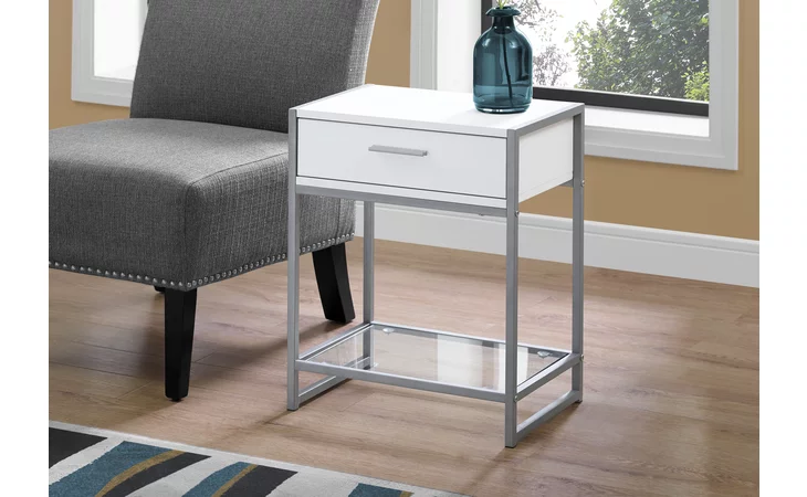 I3503  ACCENT TABLE - 22 H - WHITE- SILVER METAL- TEMPERED GLASS