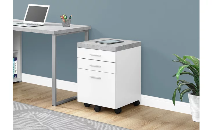 FILING CABINET - 3 DRAWER / WHITE / CEMENT-LOOK ON CASTOR MONARCH SPECIALTIES I7051  I7051