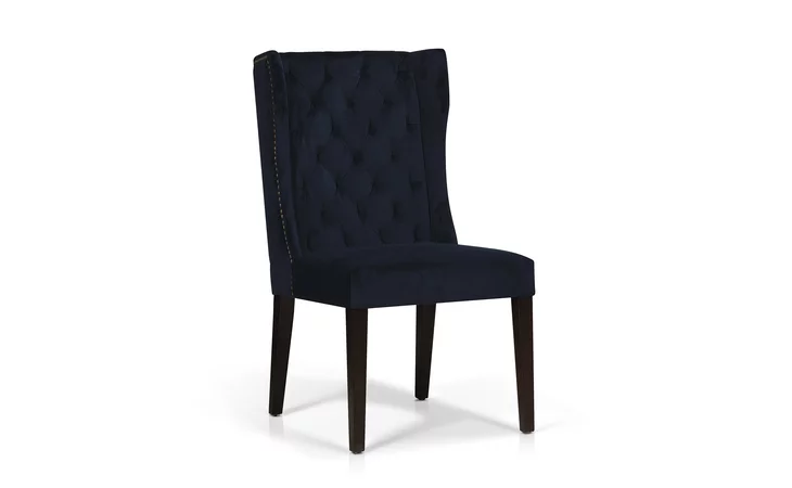 SKY130953  BRITANNIA WING CHAIR VELOUR SAPHIRE, ANTIQUE BRASS NAIL HEADS, ESPRESSO