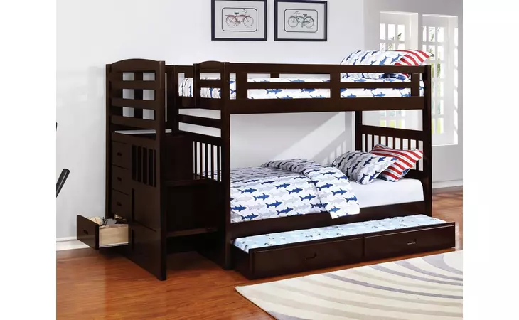 460362  DUBLIN 4-STORAGE TWIN OVER TWIN BUNK BED WITH STAIRCASE CAPPUCCINO