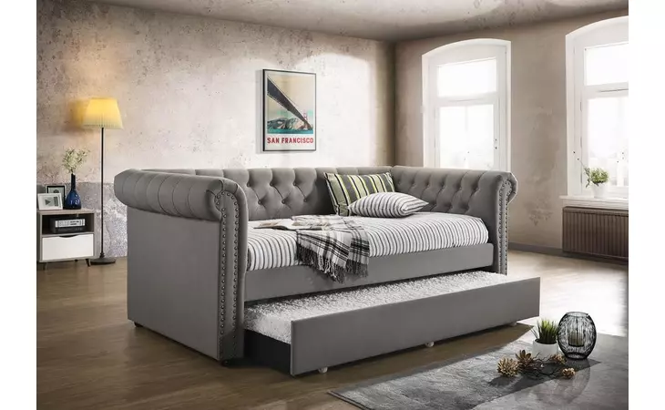300549  KEPNER TUFTED UPHOLSTERED DAYBED GREY WITH TRUNDLE