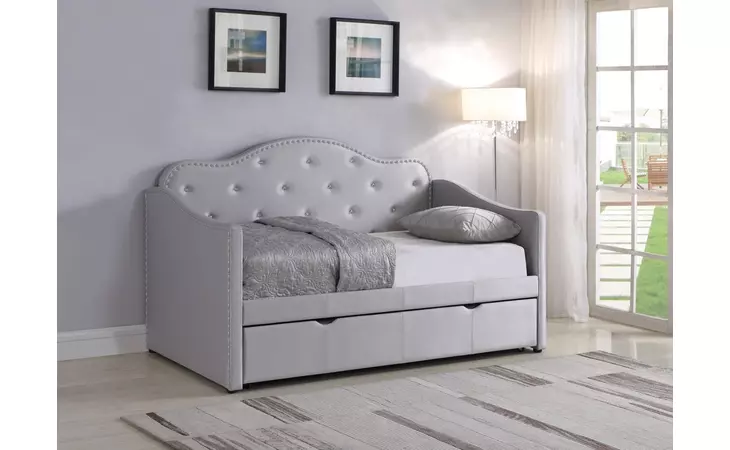 300629  UPHOLSTERED TWIN DAYBED WITH TRUNDLE PEARLESCENT GREY