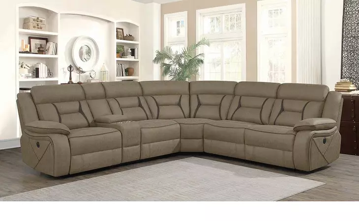 600380  HIGGINS FOUR-PIECE UPHOLSTERED POWER SECTIONAL TAN