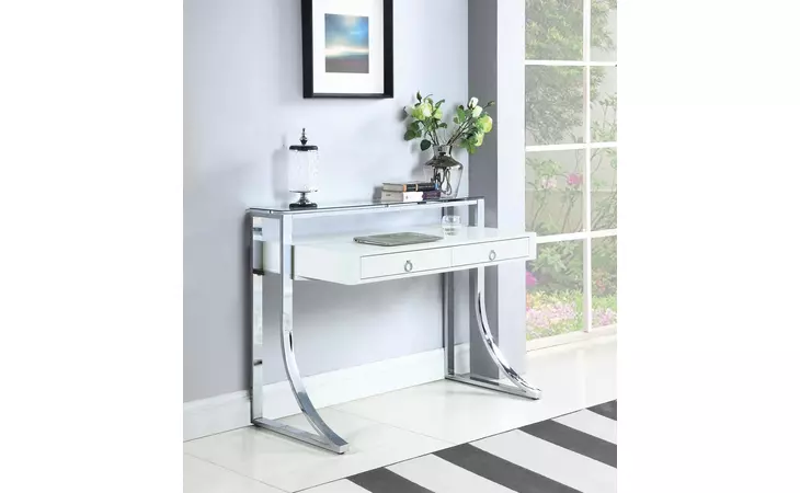 802141 GEMMA 2-DRAWER WRITING DESK GLOSSY WHITE AND CHROME COASTER  802141