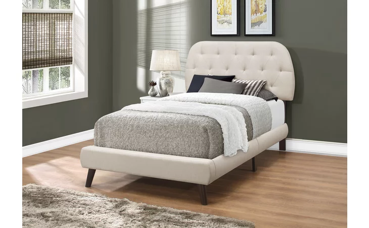 I5981T  BED - TWIN SIZE - BEIGE LINEN WITH BROWN WOOD LEGS