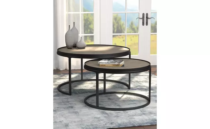 931215  2-PIECE ROUND NESTING TABLES WEATHERED ELM