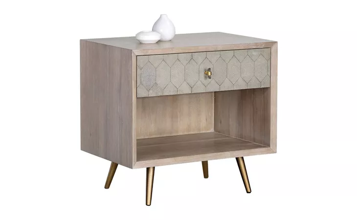 105592 ANISTON NIGHTSTAND - WHITE CERUSE - TAUPE SHAGREEN SUNPAN FURNITURE  105592
