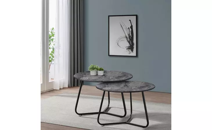 723538  LENNOX 2-PIECE ROUND COFFEE TABLE SET FAUX SLATE AND MATTE BLACK