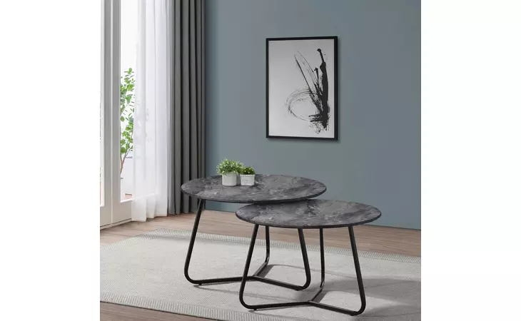 723538 LENNOX 2-PIECE ROUND COFFEE TABLE SET FAUX SLATE AND MATTE BLACK COASTER  723538