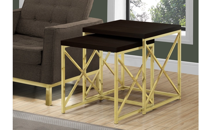 I3237  NESTING TABLE - 2PCS SET / ESPRESSO / GOLD METAL