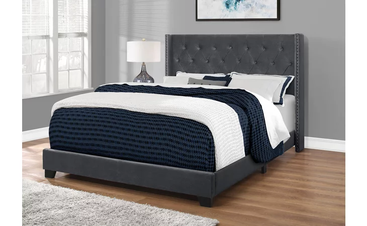 I5986Q  BED - QUEEN SIZE / DARK GREY VELVET WITH CHROME TRIM