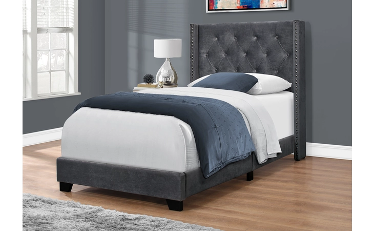 I5986T BED - TWIN SIZE / DARK GREY VELVET WITH CHROME TRIM MONARCH SPECIALTIES  I5986T