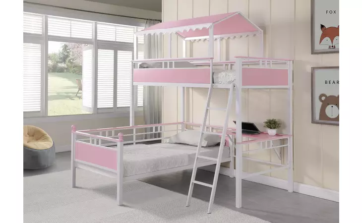 400119  ALEXIA TWIN OVER TWIN WORKSTATION BUNK BED PINK AND WHITE