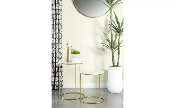 935849  2-PIECE ROUND MARBLE TOP NESTING TABLES WHITE AND GOLD