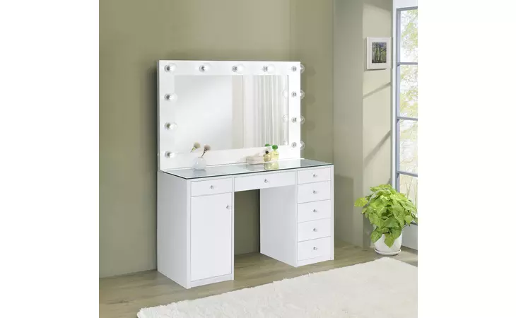 931143 7-DRAWER GLASS TOP VANITY DESK WITH LIGHTING WHITE COASTER  931143