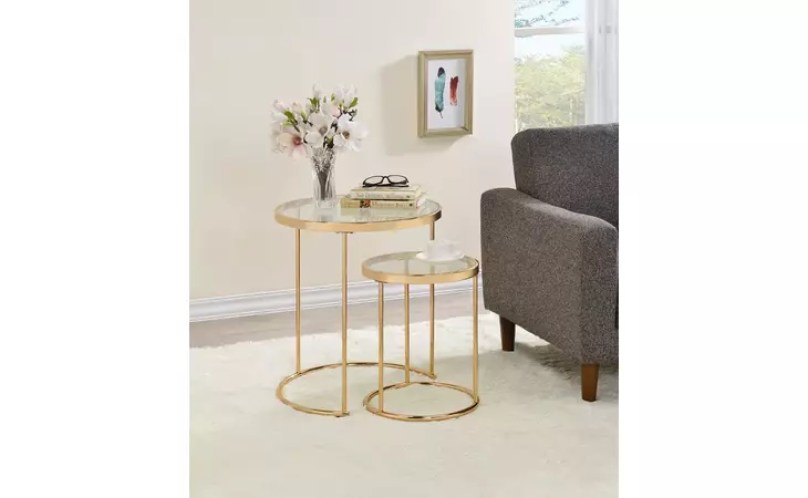 935936  2-PIECE ROUND GLASS TOP NESTING TABLES GOLD