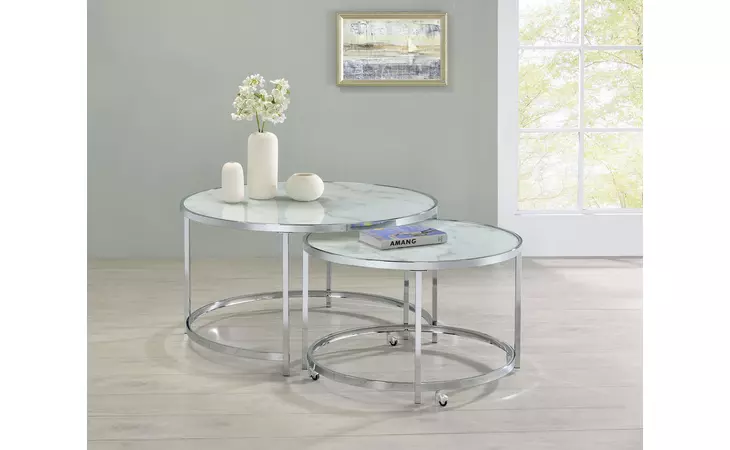 721528  2-PIECE ROUND NESTING TABLE WHITE AND CHROME
