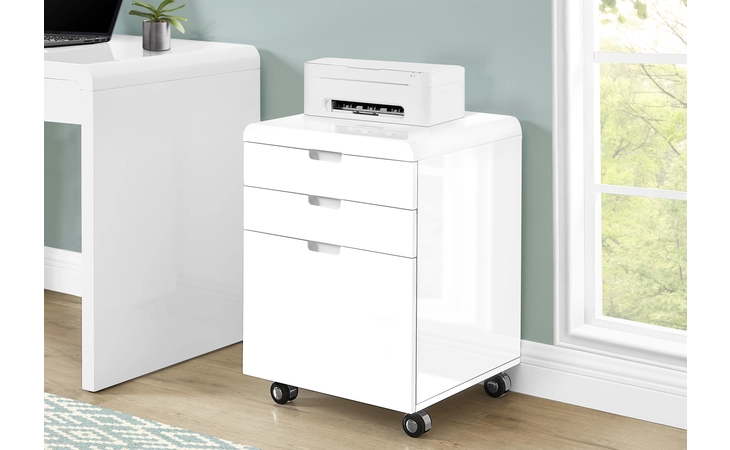 I7583 FILING CABINET - 3 DRAWER / HIGH GLOSSY WHITE / CASTORS MONARCH SPECIALTIES  I7583