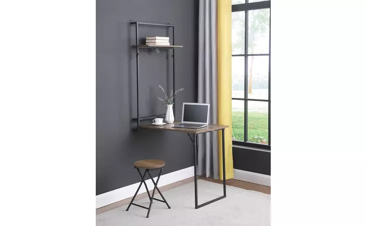 801402 RILEY FOLDABLE WALL DESK WITH STOOL RUSTIC OAK AND SANDY BLACK COASTER  801402