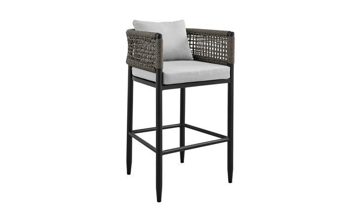 LCAFBABL26  ALEGRIA OUTDOOR PATIO COUNTER HEIGHT BAR STOOL IN ALUMINUM WITH GRAY ROPE AND CUSHIONS