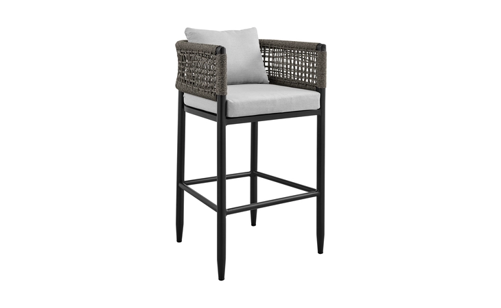 LCAFBABL26 ALEGRIA OUTDOOR PATIO COUNTER HEIGHT BAR STOOL IN ALUMINUM WITH GRAY ROPE AND CUSHIONS ARMEN LIVING  LCAFBABL26